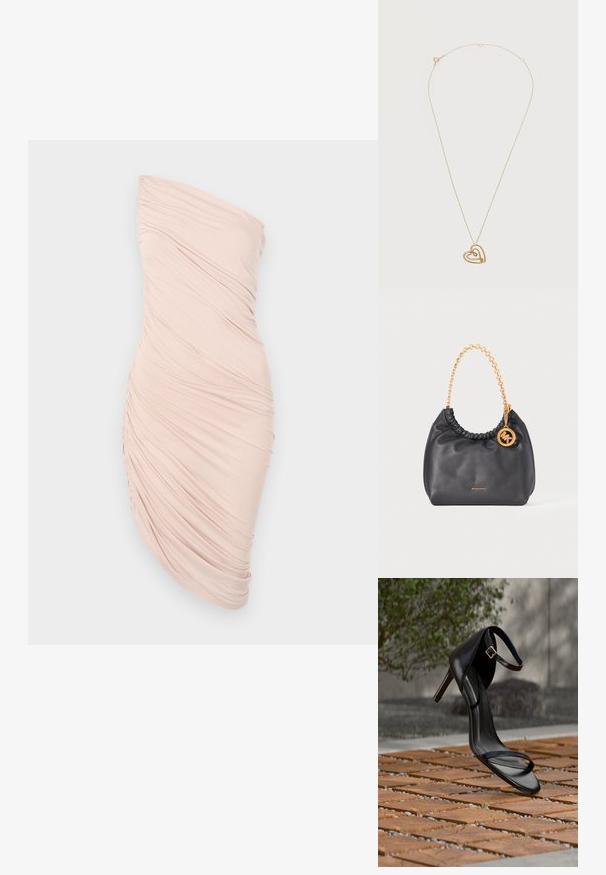 Rynket skulderløs kjole i lys pink stof, med en tætsiddende silhuet, glat tekstur og asymmetrisk design med samlet detalje på den ene side.; Sort højhælet sandal med ankelsnor, der ser ud til at svæve over et trægulv udendørs med sløret grønt og sten i baggrunden.; Sort læderhåndtaske med guldkædehåndtag og cirkulært MK logo vedhæng, lille "Michael Kors" tekst centreret nær bunden.; Delikat halskæde i guldkæde med en dobbelthjertevedhæng, hvor det ene hjerte er mindre og placeret inde i det større hjerte.