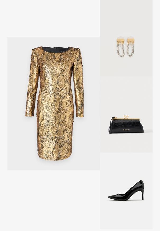 Robe en sequins dorés avec manches longues, coupe au genou, encolure ronde et doublure intérieure noire lisse. Surface texturée et accrocheuse.; Pump à talon haut en cuir verni noir avec un bout pointu et une silhouette épurée, présentant une texture lisse et un design minimaliste.; Pochette noire Valentino à motif crocodile, cadre en métal doré, fermoir à clip, petite poignée et logo Valentino doré à l'avant.; Paire de boucles d'oreilles en chaînes or et argent avec des clous rectangulaires en or et des maillons ovales en argent sur un fond clair.