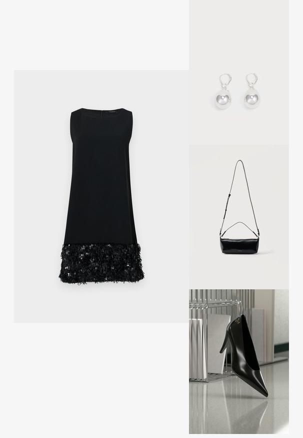 Robe sans manches noire avec une partie supérieure lisse et un ourlet texturé garni de sequins, dotée d'un col rond et d'une fermeture éclair au dos.; Chaussure noire à talon haut avec bout pointu et logo doré, posée sur une surface réfléchissante près d'un organiseur de dossiers en fil chromé contenant des documents.; Sac bandoulière rectangulaire en cuir noir avec bandoulière ajustable, fermeture éclair sur le dessus et petit logo Calvin Klein doré sur le devant.; Boucles d'oreilles en argent en forme de goutte avec des surfaces lisses, rondes et réfléchissantes, suspendues à des fermoirs à ressort. L'arrière-plan est blanc uni.