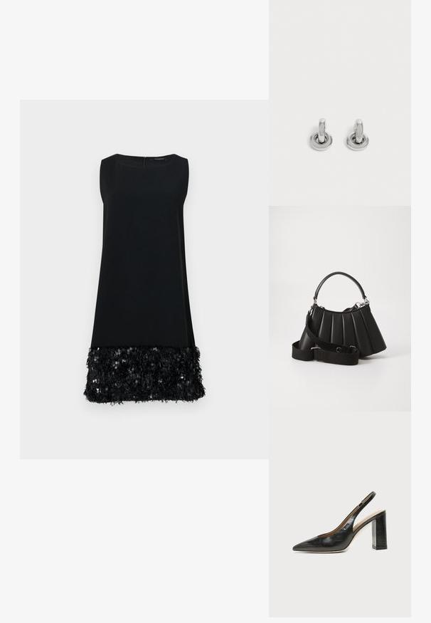 Sort ærmeløs kjole med en glat overdel og en tekstureret forskudt nederste kant prydet med pailletter, med en rund halsudskæring og lynlås i ryggen.; Sort læder peep-toe slingback sko med høj blokhæl og beige indvendig foring mod en ensfarvet lys baggrund.; Sort plisseret handbag med et rundet håndtag, justerbar rem og blank overflade. Har sølvfarvet hardware og en struktureret silhuet.; Par små, skinnende sølv hoops med rund base, vist på en ensfarvet lys baggrund.