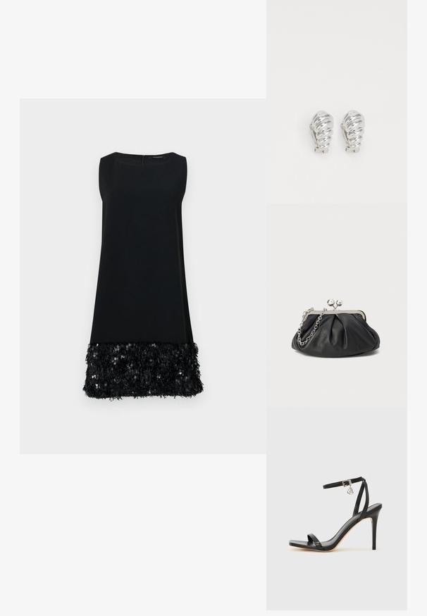 Robe sans manches noire avec une partie supérieure lisse et un ourlet texturé garni de sequins, dotée d'un col rond et d'une fermeture éclair au dos.; Sandale à talon haut noire avec une bride étroite à la cheville, bout carré, cuir lisse et accent de boucle métallique.; Porte-monnaie en cuir noir avec texture froncée, cadre en métal argenté, fermeture à verrouillage kiss-lock et bandoulière en chaîne. Surface lisse et douce.; Boucles d'oreilles en clip argentées avec un design en spirale, présentant une texture métallique lisse et des formes arrondies. Pas d'embellissements ou de motifs visibles.