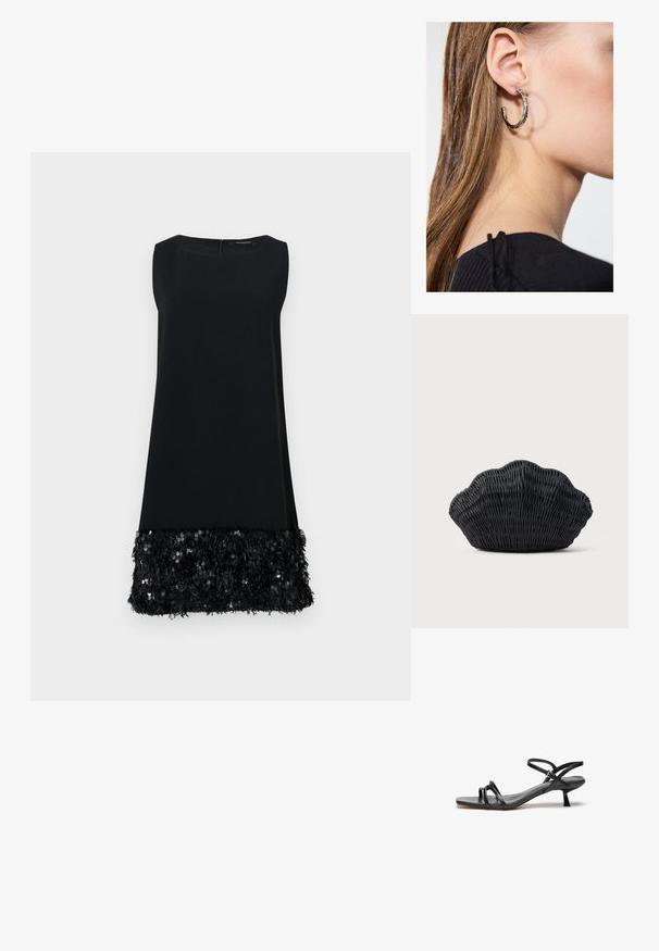 Robe sans manches noire avec une partie supérieure lisse et un ourlet texturé garni de sequins, dotée d'un col rond et d'une fermeture éclair au dos.; Sandale en cuir noir au design épuré et minimaliste. Dotée de deux fines lanières et d'un petit talon incliné. Texture lisse et bout ouvert.; Sac à main en osier noir en forme de coquille Saint-Jacques avec un dessus courbé et une texture tressée sur un fond uni.; Boucle d'oreille en argent avec une finition polie, présentant de petits détails en or et de forme ronde, portée sur le lobe.