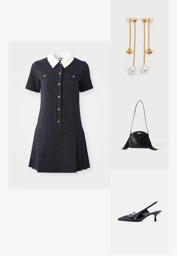 Robe à carreaux marine avec des manches courtes, un col blanc et cinq boutons dorés. La jupe plissée ajoute de la texture et du contraste.; Chaussure à talon bas en cuir verni noir avec bride arrière, bout pointu et détail boucle argentée sur fond blanc uni.; Sac à main en cuir noir avec longue bandoulière, petite poignée supérieure et franges sur les deux côtés, présenté sur un fond uni.; Boucles d'oreilles pendantes dorées mettant en valeur des chaînes, des perles rondes et des accents en forme de fleur. Design épuré avec des finitions polies et un aspect délicat.