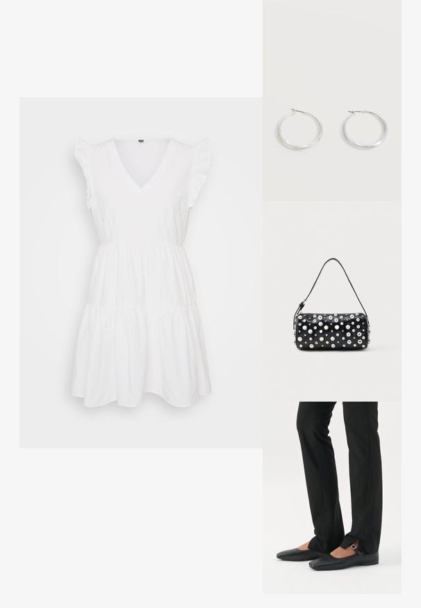 Vestido de algodón blanco con escote en V, mangas cortas con volantes y un diseño en capas. Textura suave con una forma fluida.; Piernas con pantalones ajustados negros con aberturas frontales en el dobladillo, combinados con zapatos planos Mary Jane negros con una pequeña correa con hebilla.; Bolso de mano de cuero negro con forma redondeada, decorado con tachuelas plateadas. Cuenta con una correa desmontable y cierre de cremallera. Textura lisa.; Pendientes de aro de metal plateado con superficie lisa y ligeramente curvada y cierre de tipo mosquetón sobre un fondo blanco liso.