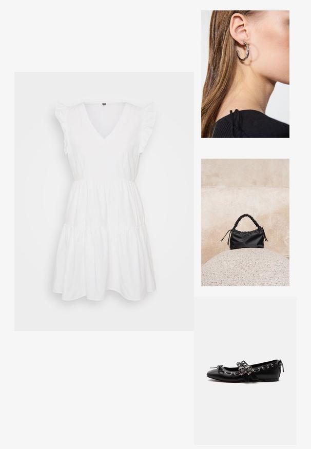Vestido de algodón blanco con escote en V, mangas cortas con volantes y un diseño en capas. Textura suave con una forma fluida.; Zapato de ballet plano negro con correas de doble hebilla, ojales plateados y un pequeño lazo cerca de la puntera redondeada sobre un fondo blanco.; Bolso negro fruncido con asa recogida, apoyado sobre una esfera de piedra texturizada frente a una pared de hormigón beige.; Pendiente de aro de plata con un acabado pulido, que presenta pequeños detalles en dorado y una forma redonda, llevado en el lóbulo.