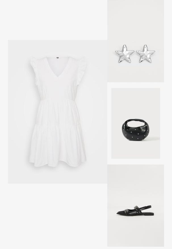 Vestido de algodón blanco con escote en V, mangas cortas con volantes y un diseño en capas. Textura suave con una forma fluida.; Even&Odd by Zalando Bailarinas con tira trasera - black; Bolso de mano de cuero negro con forma redondeada, decorado con detalles de tachuelas plateadas y un asa corta. Textura lisa y cierre con cremallera.; Pendientes en forma de estrella plateada con una superficie pulida y brillante. Cada pendiente presenta cinco puntas y sutiles detalles de textura en la superficie.