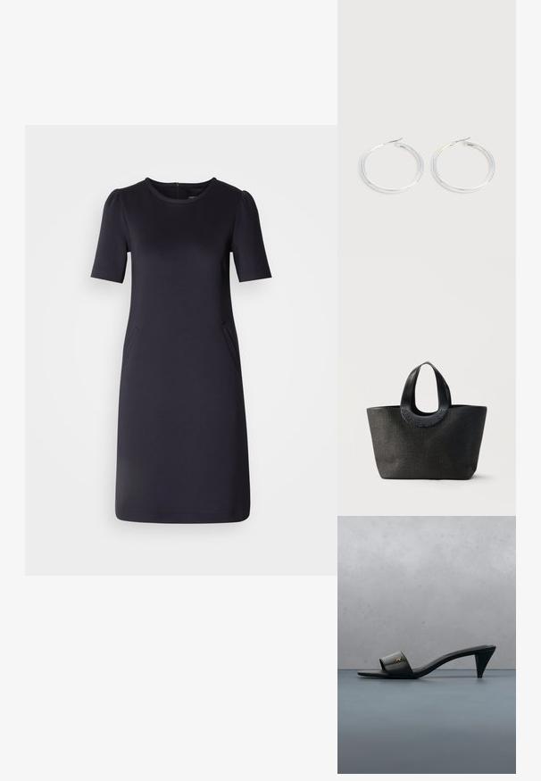 Robe bleu marine à manches courtes, encolure ronde et deux poches latérales. Tissu doux et lisse avec une coupe décontractée et un design longueur genoux.; Sandale à talon ouverte en cuir noir avec un logo doré sur la bride, flottant au-dessus d'une surface extérieure carrelée avec de la verdure en arrière-plan.; Sac cabas noir texturé avec de larges poignées arrondies présentant le nom de la marque embossé "Samsøe Samsøe" sur fond neutre.; Paire de boucles d'oreilles créoles argentées brillantes avec fermoirs en fil fin, présentée sur un fond gris clair.