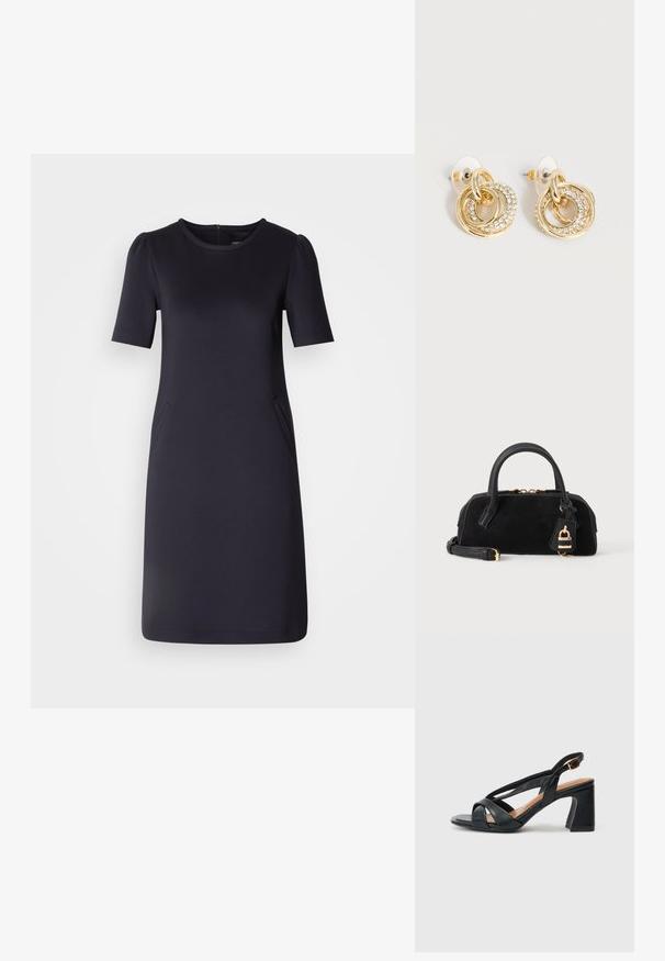 Robe bleu marine à manches courtes, encolure ronde et deux poches latérales. Tissu doux et lisse avec une coupe décontractée et un design longueur genoux.; Sandales à talons en cuir noir avec un design à brides croisées, bout ouvert et bride de cheville réglable. Le talon est de type bloc.; Sac à main en cuir noir avec des poignées arrondies, une fermeture éclair dorée, une bandoulière amovible et un charm suspendu en forme de cadenas doré.; Boucles d'oreilles ton or avec anneaux entrelacés, un anneau orné de petits cristaux clairs, fixé par des attaches transparentes.