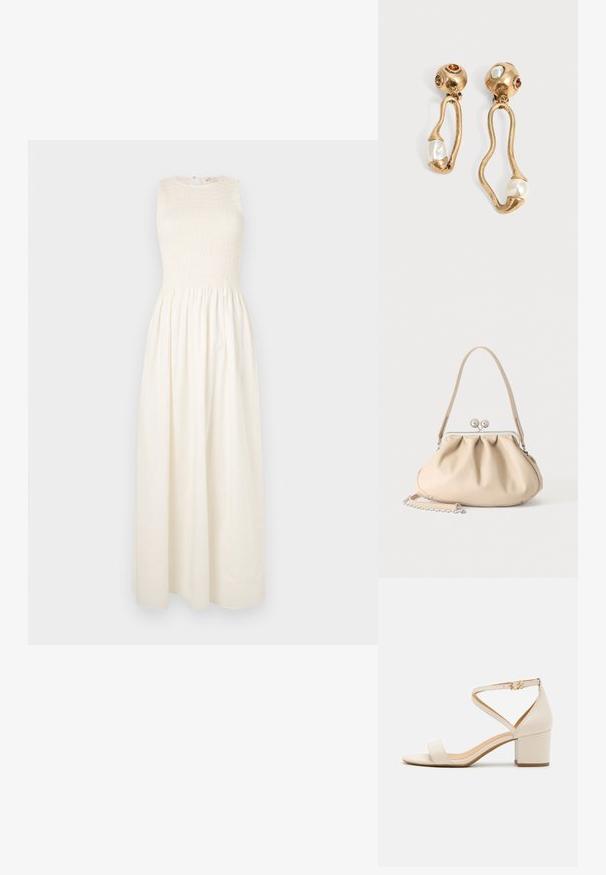 Lang, mouwloos crèmekleurig jurk met een smocked lijfje en een vloeiende rok. Heeft een ronde halslijn en een sleutelgat sluiting op de rug.; Beige blokhak sandalen met een minimalistisch ontwerp, open neus en verstelbare enkelriem met een gouden gesp detail. Zachte textuur.; Beige zachte leren handtas met een zilveren metalen frame sluiting, een enkele schouderriem en een optionele kettingriem op een witte achtergrond.; Goudkleurige oorbellen met onregelmatige open vormen, elk met een parel aan de onderkant en edelsteendetails op de ronde stekers.
