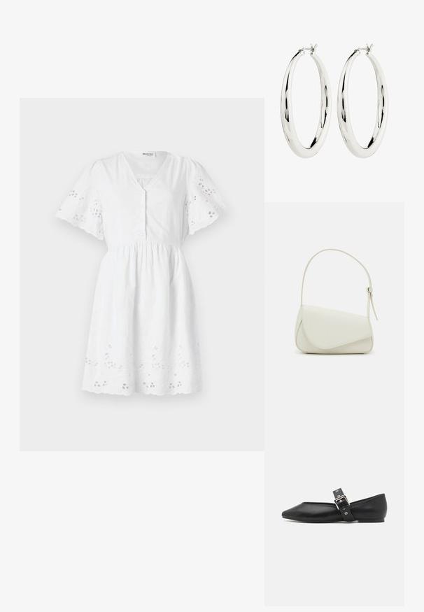 Vestido corto blanco de manga corta con escote en V, cierre de botones, cintura fruncida y patrones florales bordados en las mangas y el dobladillo.; Zapato plano de cuero negro con punta afilada, correa lateral con hebilla plateada y tacón bajo. Textura suave y diseño minimalista.; Bolso de mano de imitación cuero blanco con una forma triangular estructurada, correa ajustable única y cierre con solapa acentuada en curva.; Pendientes de aro de plata con una superficie lisa y reflectante. Forma redonda y grande con un cierre seguro en la parte superior. El acabado pulido resalta el brillo.