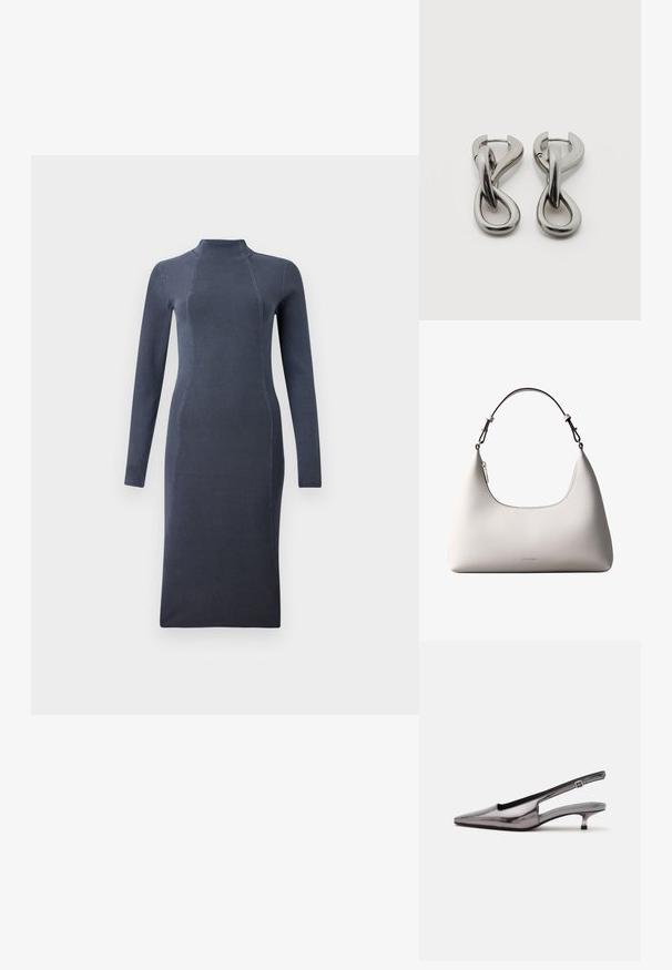 Dunkelgraues langärmliges Strickkleid mit Stehkragen und taillierter Silhouette, das eine subtile Ripptextur und vertikale Nahtdetails aufweist.; Metallic-grauer Slingback-Schuh mit spitzer Schuhspitze, niedrigem Kittenabsatz und verstellbarem Riemen auf weißem Hintergrund.; Cremefarbene Calvin Klein Lederschultertasche mit gebogener Oberkante, silbernem Reißverschluss und dunkelbraunem verstellbarem Riemen.; Paar silberfarbene Metallohrringe mit abstraktem ineinandergreifendem Schlaufen-Design auf weißem Hintergrund.