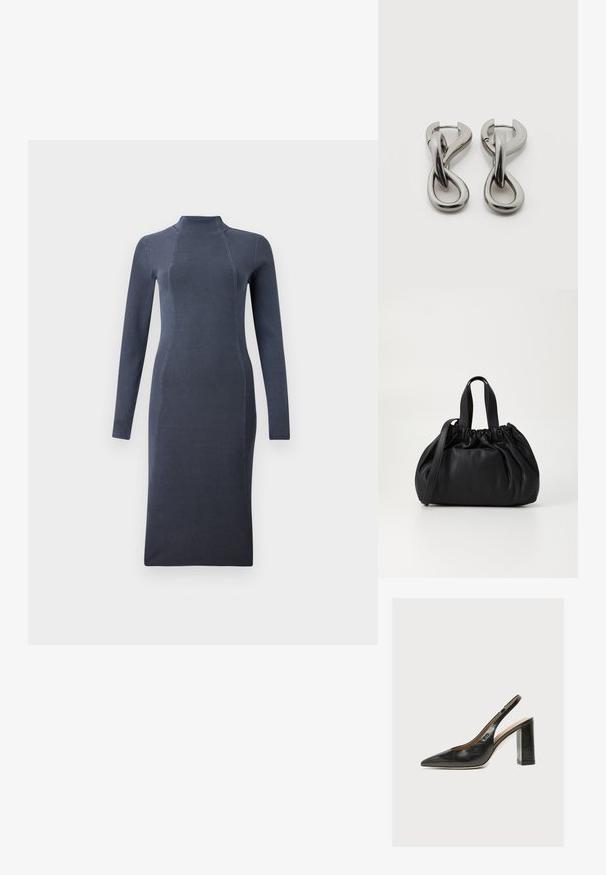 Dunkelgraues langärmliges Strickkleid mit Stehkragen und taillierter Silhouette, das eine subtile Ripptextur und vertikale Nahtdetails aufweist.; Schwarzer Leder-Damenslingback-Pumps mit spitzer Zehenpartie und dickem hohem Blockabsatz auf weißem Hintergrund.; Schwarze Lederhandtasche mit einem gerafften Oberteil, ausgestattet mit zwei kurzen Griffen und einem langen verstellbaren Schulterriemen. Glatte Textur, runde Form.; Paar silberfarbene Metallohrringe mit abstraktem ineinandergreifendem Schlaufen-Design auf weißem Hintergrund.