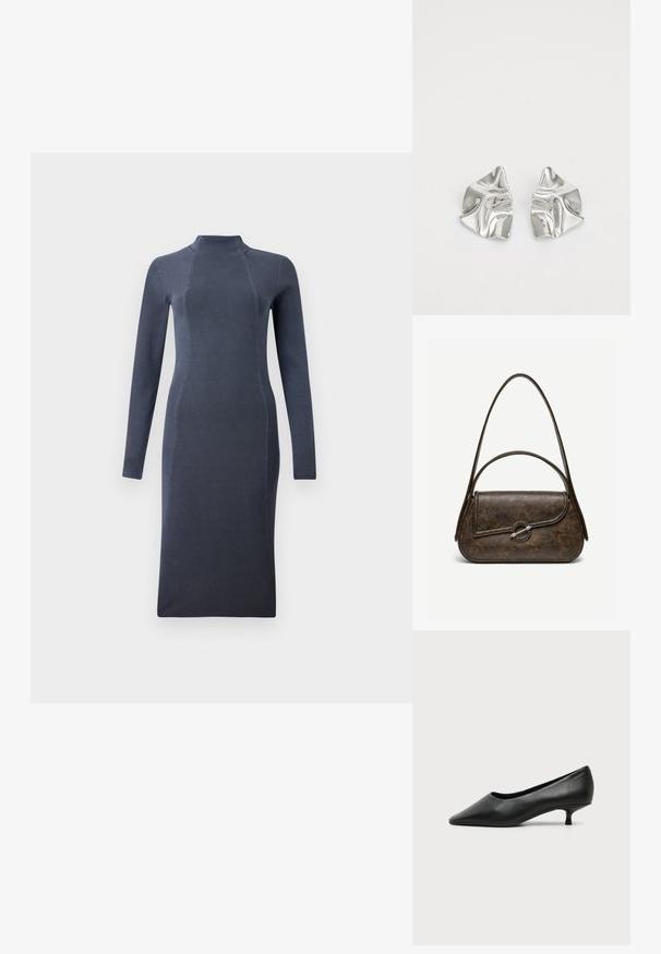 Dunkelgraues langärmliges Strickkleid mit Stehkragen und taillierter Silhouette, das eine subtile Ripptextur und vertikale Nahtdetails aufweist.; Schwarzer Leder-Damenschuh mit niedrigem Absatz, spitzer Schuhspitze und kleinem Kittenabsatz auf schlichtem hellem Hintergrund.; Dunkelbraune Handtasche aus strukturiertem Leder mit zwei Tragegurten, abgerundeter rechteckiger Form und silbernem, rundem Verschluss auf der vorderen Klappe.; Silberne Metallohrringe mit einem wellenförmigen, skulpturalen Design, das eine polierte Oberfläche und unregelmäßige Formen aufweist, die eine zeitgenössische Ästhetik betonen.