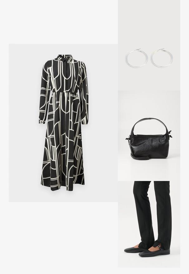Schwarzes Maxikleid mit langen Ärmeln und weißen abstrakten geometrischen Linien, mit Knopfleiste, gerafftem Bund und fließendem Rock.; Beine in schwarzen schmalen Hosen mit vorderen Schlitzen am Saum, kombiniert mit schwarzen flachen Mary-Jane-Schuhen mit kleinem Schnallenriemen.; Schwarze Lederhandtasche mit strukturiertem Design, rundem Haltegriff und abnehmbarem Schulterriemen. Sie weist eine glatte Oberfläche und einen subtilen Glanz auf.; Paar glänzende silberne Creolen mit dünnen Drahtverschlüssen, dargestellt vor einem hellgrauen Hintergrund.