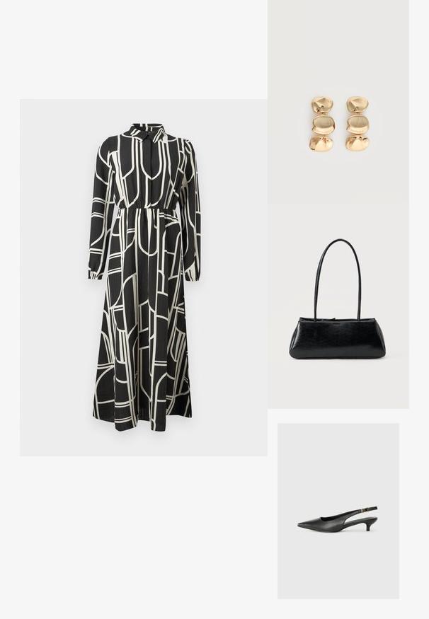 Schwarzes Maxikleid mit langen Ärmeln und weißen abstrakten geometrischen Linien, mit Knopfleiste, gerafftem Bund und fließendem Rock.; Schwarzer Slingback-Schuh mit spitzem Zehenbereich aus glattem Leder. Mit einem dünnen Absatz und einer dekorativen Schnalle am verstellbaren Riemen.; Schwarze rechteckige Schultertasche mit langen dünnen Trägern und einer glatten, glänzenden Textur auf einfarbigem Hintergrund.; Ohrhänger in Goldoptik mit drei unregelmäßigen, glatten, abgerundeten Segmenten, die vertikal auf einem schlichten, hellen Hintergrund gestapelt sind.