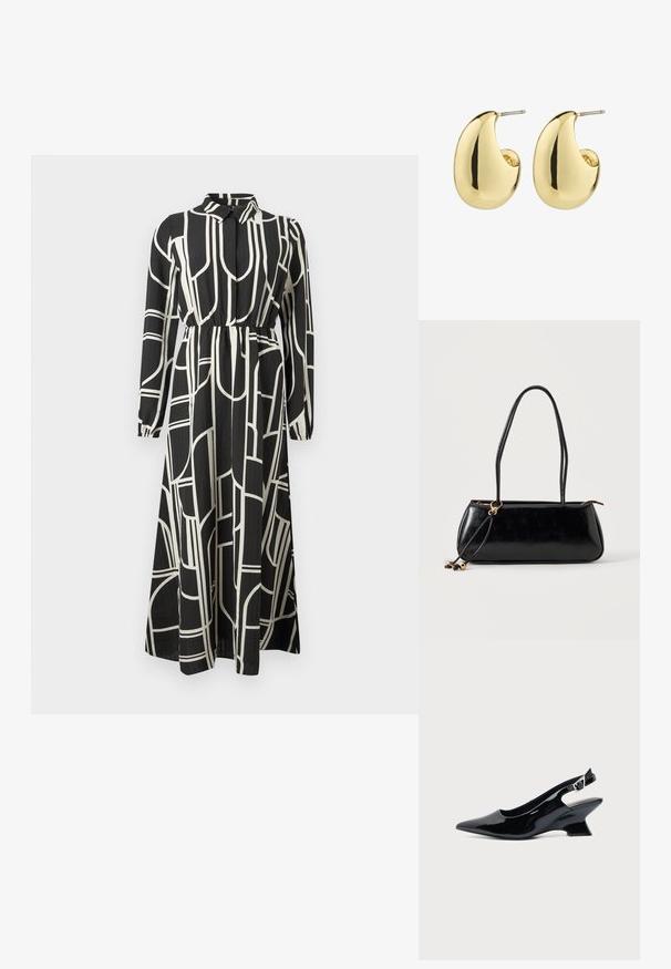 Zwarte lange mouwen maxi-jurk met witte abstracte geometrische lijnen, knoopsluiting bij de kraag, geraffineerde taille en vloeiende rok.; Zwarte lakleren slingback schoen met spitse neus en lage schuine blokhak op een effen lichte achtergrond.; Zwarte rechthoekige handtas met twee lange bandjes, gouden ringdetail en ritssluiting op een effen lichte achtergrond.; Gouden studs met een gladde, gepolijste afwerking, in een abstracte, druppelvorm. Eenvoudige metalen achterzijde voor bevestiging.
