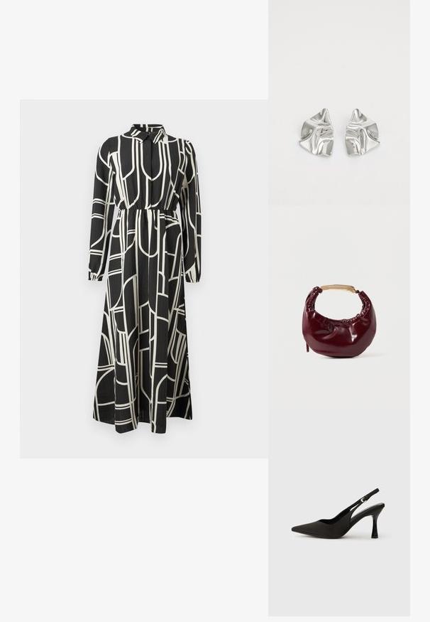 Schwarzes Maxikleid mit langen Ärmeln und weißen abstrakten geometrischen Linien, mit Knopfleiste, gerafftem Bund und fließendem Rock.; Schwarze Slingback-Absatzschuhe mit spitzem Zehenbereich, glattem, mattem Finish und schmalem, glanzvollem Absatz. Verstellbarer Riemen mit kleiner Schnallen-Detail.; Burgunderfarbene Kunstleder-Handtasche mit runder Form, gerafften Details und einem goldfarbenen Metallgriff. Glatte Textur und glänzende Oberfläche.; Silberne Metallohrringe mit einem wellenförmigen, skulpturalen Design, das eine polierte Oberfläche und unregelmäßige Formen aufweist, die eine zeitgenössische Ästhetik betonen.