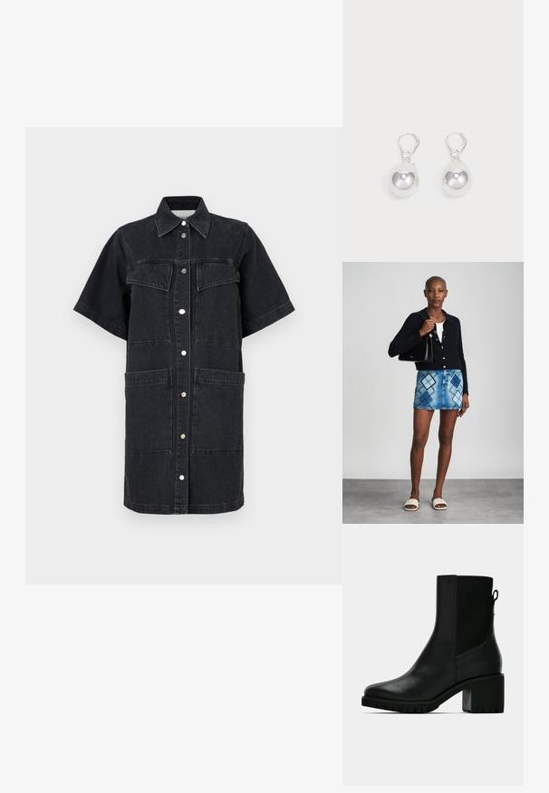 CLOSED MINI DRESS - Teksakleit - dark grey; Must nahast pahkluu saabas soonilise elastse külgpaneeli, plokktallal ja tekstuurse tallaga haarduvuse tagamiseks. Sile viimistlus minimaalse riistvaraga.; Mustmustri kootud kardigan, valge topp, sinise ja musta rombimustriga teksaseelik, must käekott ja beežid libisemisega sandaalid.; Hõbedased langenud kõrvarõngad, millel on siledad, ümmargused, peegeldavad pinnad, mis ripuvad klamberkinnituselt. Taust on lihtne valge.
