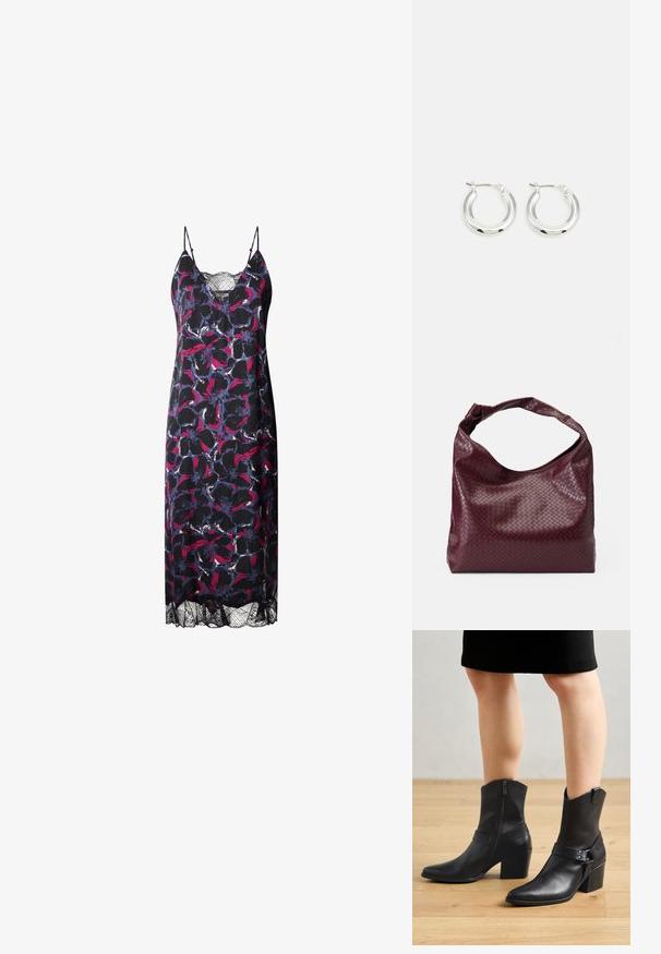 Blumenkleid mit dunklem Hintergrund und lebhaften rosa und blauen Mustern, dünnen Trägern und einer Spitzenkante am unteren Ende.; Schwarze Leder-Stiefeletten mit spitzem Zehenbereich, Reißverschluss, geschwungenem Absatz und einem dekorativen Riemen mit metallischen Akzenten.; Bordeauxfarbene Tasche mit einer strukturierten, gewebten Musterung, weichem Leder und einem einzelnen, verknoteten Griff. Geräumiges Hobo-Design.; Silberne Creolen mit glänzender Oberfläche, die eine kreisrunde Form haben und mit einem schwenkbaren Verschluss ausgestattet sind. Glatte Textur mit minimalen Details.