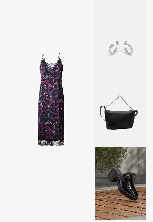 Vestido floral con un fondo oscuro y patrones vibrantes en rosa y azul, tirantes finos y un dobladillo de encaje en la parte inferior.; Mule tipo slip-on de cuero negro de Calvin Klein con tacón de bloque descansando sobre baldosas de madera al aire libre cerca de una planta verde y una pared gris.; Calvin Klein Jeans SCULPTED ROUND CHAIN - Bandolera - black; Pendientes aros de metal plateado con un diseño texturizado, que cuentan con un pequeño respaldo de clip y una marca en uno de los aros. Forma redondeada con un acabado pulido.