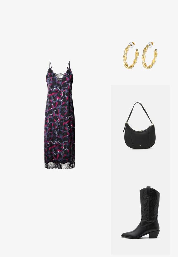 Vestido floral con un fondo oscuro y patrones vibrantes en rosa y azul, tirantes finos y un dobladillo de encaje en la parte inferior.; Botas de vaquero de cuero negro con punta afilada, patrones en relieve en espiral y un tacón de altura media. Presentan una lengüeta para facilitar el uso.; Bolso de mano de cuero negro con forma curva, superficie texturizada, costuras frontales y un logo en tono dorado. Cuenta con una sola correa ajustable.; Pendientes de aro retorcidos en oro con una superficie lisa, que cuentan con un respaldo transparente y herrajes en tono dorado.