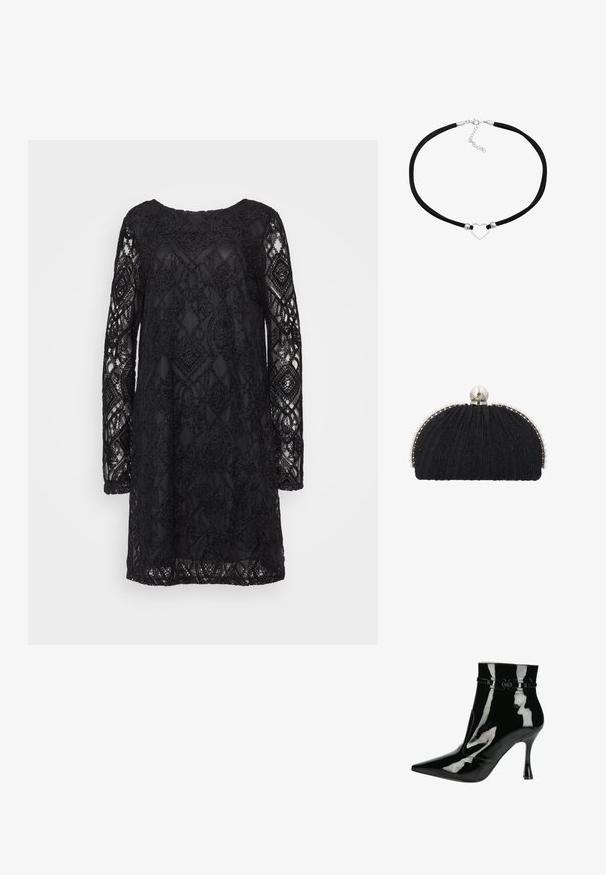 Schwarzes Spitzenkleid mit geometrischem Muster, langen Ärmeln und Rundhalsausschnitt, mit transparenter Textur und fester Unterlage.; Schwarze Lackleder-Ankle Boots mit spitzer Zehenpartie, glänzender Oberfläche, eleganten Design und schmalem Stiletto-Absatz. Dekorative Riemenakzente.; Schwarze Abend-Clutch mit strukturiertem Stoff, eingefasst von einer Reihe kleiner Perlen und einem großen Perlenverschluss oben.; Schwarzes Kunstwildleder-Choker mit einem silbernen Herzanhänger in der Mitte, versehen mit runden Metallakzenten und einem Verschluss mit einer Verlängerungskette.