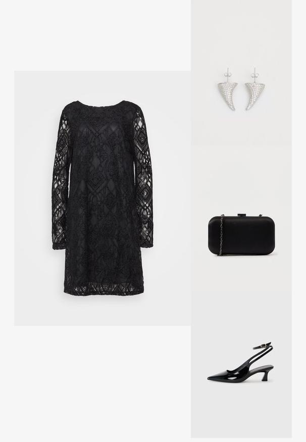 Schwarzes Spitzenkleid mit geometrischem Muster, langen Ärmeln und Rundhalsausschnitt, mit transparenter Textur und fester Unterlage.; Schwarze Lackleder Slingback-Absätze mit spitzem Schuhblatt, niedrigem Blockabsatz und verstellbarem Knöchelriemen mit goldener Schnalle.; Schwarze rechteckige Clutch aus glattem Material. Verfügt über einen abnehmbaren Kettenriemen und einen metallischen Verschluss oben. Einfaches Design mit abgerundeten Kanten.; Silberne, hornförmige Ohrringe, besetzt mit kleinen klaren Steinen, mit einem Steckverschluss zur Befestigung. Glatte Textur und metallisches Finish.