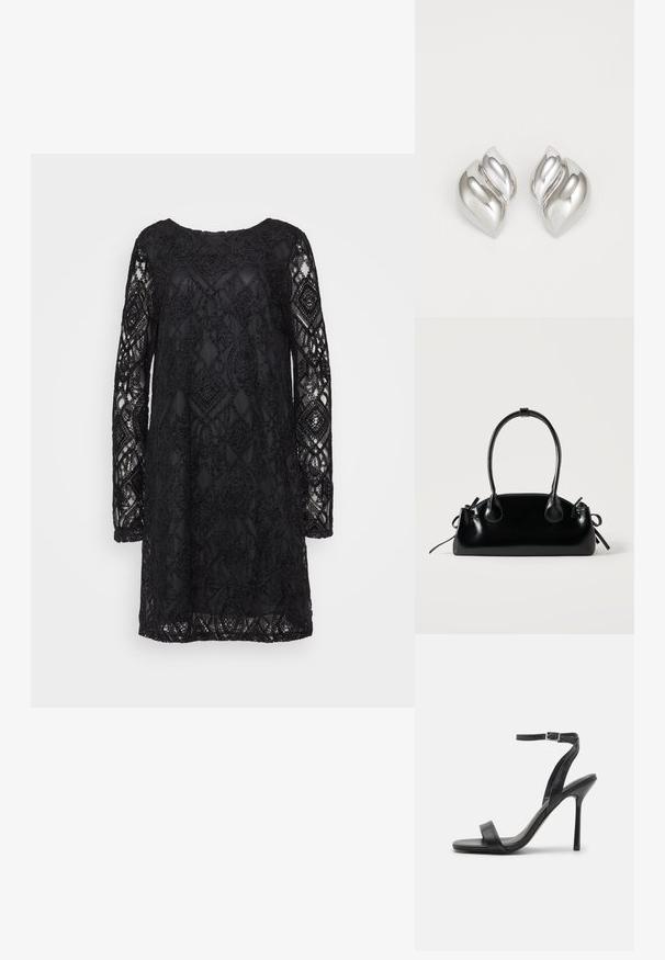 Vestido de encaje negro con un patrón geométrico, mangas largas y un escote redondo, con una textura transparente y un forro sólido.; Sandalia negra de tacón alto con una correa delgada en el tobillo y dos bandas en la parte frontal. Hecha de cuero suave con una punta afilada y tacón de aguja.; Pequeño bolso negro brillante con dos asas largas y detalles de cordón lateral sobre un fondo claro liso.; Pendientes de plata con una forma orgánica y abstracta. Superficie lisa y brillante con un diseño cónico. Presentan suaves curvas y un detalle de línea central.