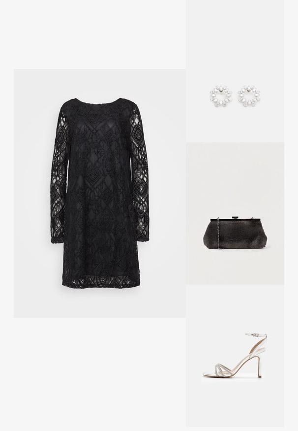 Schwarzes Spitzenkleid mit geometrischem Muster, langen Ärmeln und Rundhalsausschnitt, mit transparenter Textur und fester Unterlage.; Silberne High-Heel-Sandale mit mehreren Riemen, verziert mit Strasssteinen, offener Zehenpartie und einem Knöchelverschluss. Glatte, metallische Oberfläche.; Schwarze Mesh-Clutch mit strukturierter Silhouette, verziert mit kleinen metallic-nieten, besitzt einen Verschluss mit Klappe und einen abnehmbaren Kettenriemen.; Runde Ohrringe aus Metall, verziert mit mehreren klaren, facettierten Steinen, die in einem glitzernden Muster angeordnet sind. Farblos und reflektierend.