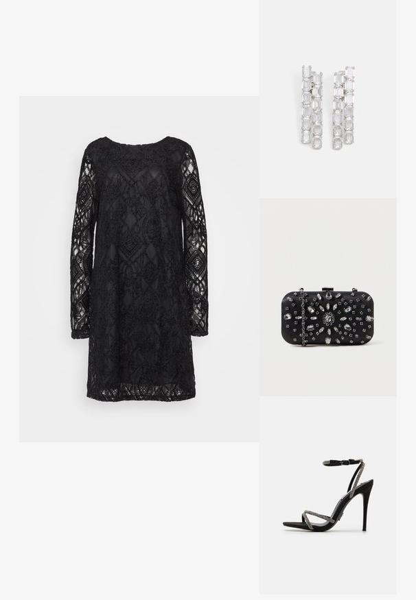 Schwarzes Spitzenkleid mit geometrischem Muster, langen Ärmeln und Rundhalsausschnitt, mit transparenter Textur und fester Unterlage.; Schwarze High-Heels-Sandalen mit dünnen, mit Schmuck besetzten Riemen und einer Schnalle am Knöchel. Aus Wildleder, offen an den Zehen und mit einer eleganten, spitzen Silhouette.; Schwarze Clutch mit rechteckiger Form, verziert mit verschiedenen Strasssteinen in einem floralen Muster, ausgestattet mit einer silbernen Kette zum Tragen.; Transparente rechteckige Ohrringe in einem kaskadierenden Design, ausgestattet mit mehreren verbundenen Steinen, gefasst in silberfarbenem Metall mit glanzvollem Finish.