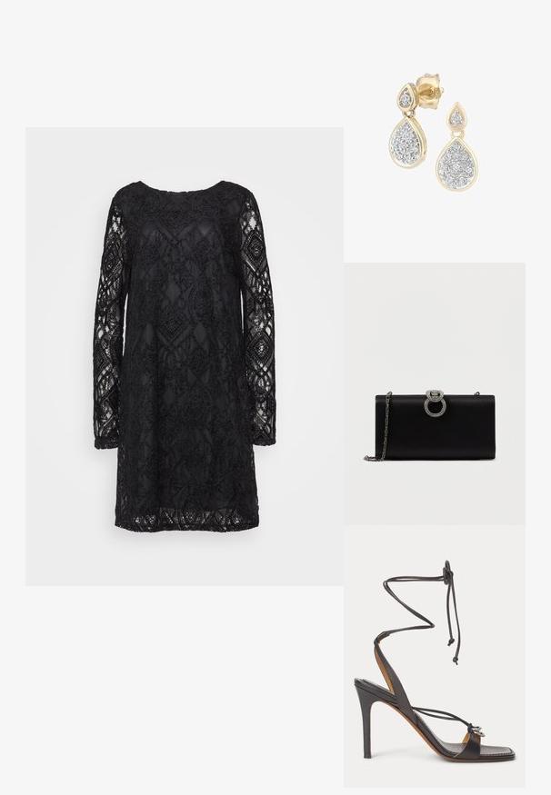 Vestido de encaje negro con un patrón geométrico, mangas largas y un escote redondo, con una textura transparente y un forro sólido.; Sandalia negra de tacón alto con finas correas para atar en el tobillo, punta abierta y anillos decorativos plateados en la tira frontal sobre fondo blanco.; Bolso de mano de satén negro con un cierre circular en tono plateado adornado con strass, cuenta con una correa de cadena desmontable.; Pendientes en forma de lágrima con un marco dorado y acentos plateados, adornados con múltiples piedras redondas brillantes en una disposición decorativa.