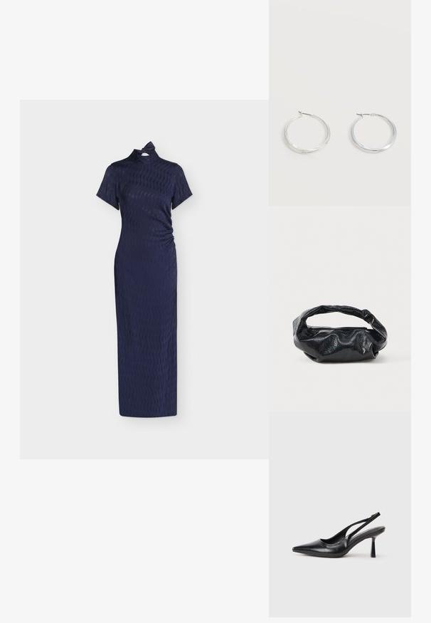 Φόρεμα σε στυλ cheongsam σε ναυτικό μπλε με υφή, κοντά μανίκια, ψηλή λαιμόκοψη και μικρή λεπτομέρεια κόμπου στο γιακά.; Μαύρο δερμάτινο παπούτσι με λουράκι και ψηλό τακούνι, με μυτερή μύτη και λεπτό τακούνι σε λευκό φόντο.; Μαύρη τσάντα φτιαγμένη από γυαλιστερό, υφασμάτινο υλικό με κυκλική, στροβιλισμένη λαβή και κλείσιμο με φερμουάρ. Διαθέτει ένα μαλακό, ζαρωμένο σχέδιο.; Ασημένια μεταλλικά σκουλαρίκια κρίκοι με λεία, ελαφρώς κυρτή επιφάνεια και κλειδαριά τύπου latch-back σε απλό λευκό φόντο.