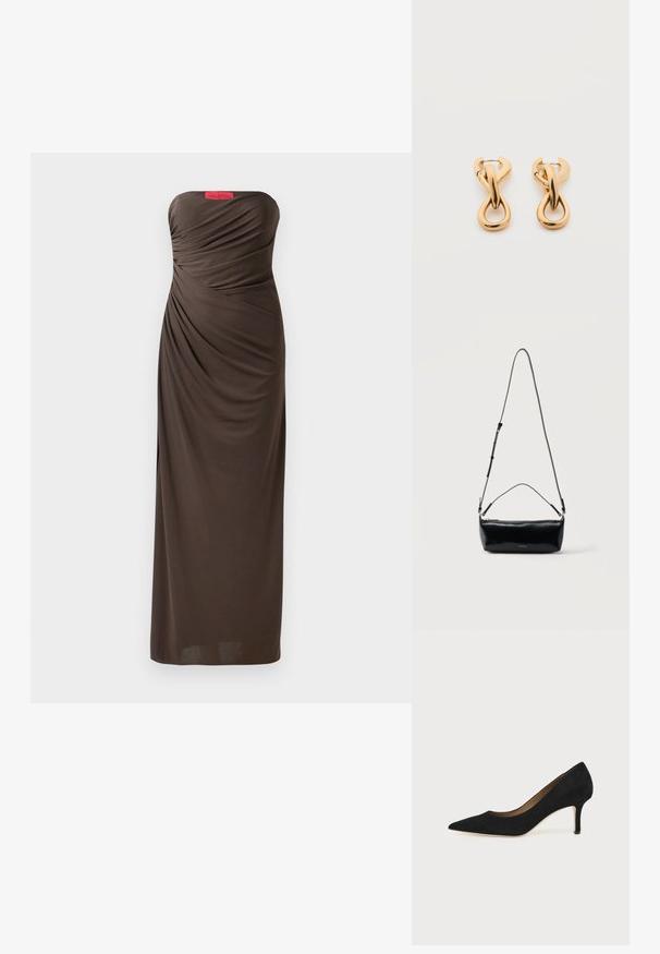 Robe de soirée marron sans bretelles avec des détails en tissu drapé, longueur au sol et une étiquette Halston bien visible en haut.; Escarpin en daim noir à bout pointu avec un talon stiletto fin de hauteur moyenne et un design à coupe basse sur un fond uni.; Sac bandoulière rectangulaire en cuir noir avec bandoulière ajustable, fermeture éclair sur le dessus et petit logo Calvin Klein doré sur le devant.; Paire de boucles d'oreilles créoles en bouclettes dorées brillantes sur fond blanc uni, présentant un design torsadé entrelacé.