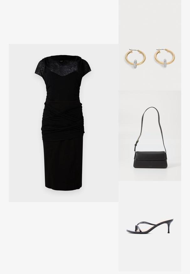 Vestido negro con un torso ajustado y mangas cortas, que presenta una capa superior texturizada y una sección inferior fruncida. Falda suave hasta la rodilla.; Sandalia de tacón de charol negro con tiras finas cruzadas y un tacón de aguja delgado de altura media, sobre un fondo blanco.; Bolso de mano de cuero negro con forma rectangular y solapa plegable. Presenta una correa delgada y una marca mínima en la parte delantera.; Par de pendientes de aro en tono dorado con pequeño detalle de aro en tono plateado en cada uno, expuestos sobre un fondo gris claro.