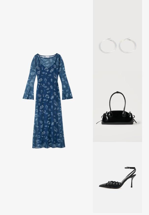 Langarm, marineblau jurk van lichtgewicht stof, met een vloeiende silhouette en een patroon van schelpen en mariene motieven.; Zwarte pumps met hoge hak en spitse neus, gegolfde randen, metalen oogjes, vetergespsluiting aan de voorzijde en enkelriem met gespsluiting.; Kleine zwarte glanzende handtas met twee lange hengsels en zijkant trekkoord details op een effen lichte achtergrond.; Een paar glanzende zilveren oorringen met dunne draadafsluitingen, getoond op een lichtgrijze achtergrond.