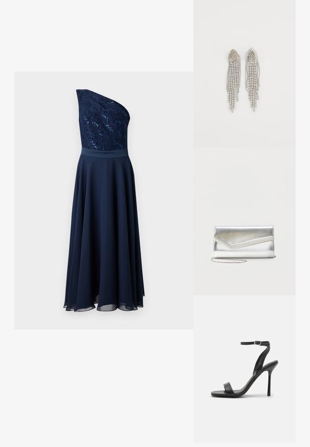 Robe asymmétrique bleu marine avec un corsage en dentelle pailletée et une jupe fluide. Texture lisse avec une taille cintrée et un ourlet en couches.; Sandale à talons hauts noire avec une fine sangle au niveau de la cheville et deux bandes à l'avant. Fabriquée en cuir lisse avec un bout pointu élégant et un talon aiguille.; Pochette argentée brillante avec rabat style enveloppe et garniture décorative, petite bandoulière chaîne argentée, sur fond clair uni.; Boucles d'oreilles en argent présentant un design en cascade avec plusieurs rangées de strass scintillants, des pointes effilées et de délicates nuances de chaîne.