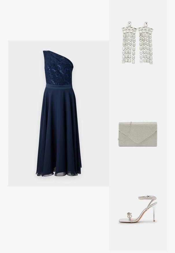 Robe asymmétrique bleu marine avec un corsage en dentelle pailletée et une jupe fluide. Texture lisse avec une taille cintrée et un ourlet en couches.; Sandale à talon haut argentée avec un bout carré, en matériau métallisé, avec une bride ornée de strass et une boucle ajustable à la cheville.; Pochette argent métallique au design d'enveloppe, ornée d'un motif texturé, avec une chaîne amovible.; Boucles d'oreilles en cristal avec des accents en métal argenté, ornées de plusieurs pierres taillées en rectangles et carrés disposées en rangées en cascade.