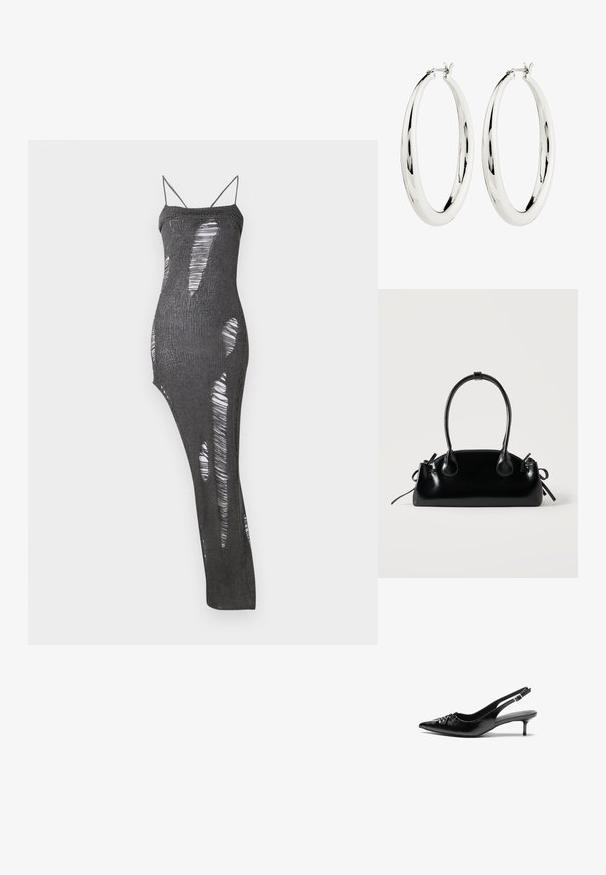 Sort strikket lang kjole med tynde stropper, der har adskillige udskæringer, som skaber et mønstreffekt. Blød tekstur med en tætsiddende silhuet.; Sorte læder slingback-pumps med spids tå, lav kitten-hæl og rynket detalje på overdelen. Glat tekstur og minimalistisk design.; Lille sort blank håndtaske med to lange håndtag og snøre-detaljer i siden på en ensfarvet lys baggrund.; Sølv hoops øreringe med en glat, reflekterende overflade. Rund, stor form med en sikker lås øverst. Den polerede finish fremhæver glansen.