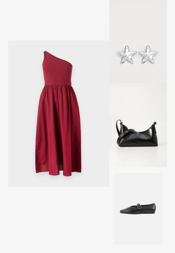 Robe d'une épaule, longueur genou, de couleur rouge foncé, avec un corsage ajusté et une jupe fluide, fabriquée dans un tissu léger avec une texture lisse.; Chaussure plate en cuir noir avec un orteil pointu, présentant une sangle à boucle métallique sur le cou-de-pied et une semelle basse et flexible.; Sac à main en cuir noir avec une texture lisse. Dispose d'une bandoulière adjustable et d'un design élégant et minimaliste avec une fermeture éclair.; Boucles d'oreilles argentées en forme d'étoile, avec une surface lisse et brillante. Chaque boucle d'oreille possède cinq pointes et des détails subtils de texture de surface.