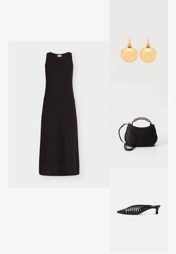 Robe midi noire sans manches en maille avec encolure ronde et silhouette ajustée sur fond uni.; Mule en cuir noir avec bout pointu, design découpé à brides et petit talon kitten sur fond blanc.; Sac à main en satin noir avec une poignée argentée incurvée et une bandoulière noire amovible. Texture douce et forme arrondie avec un design minimaliste.; Paire de boucles d'oreilles boule de Noël dorées brillantes avec fermoirs à crochet sur fond blanc uni.