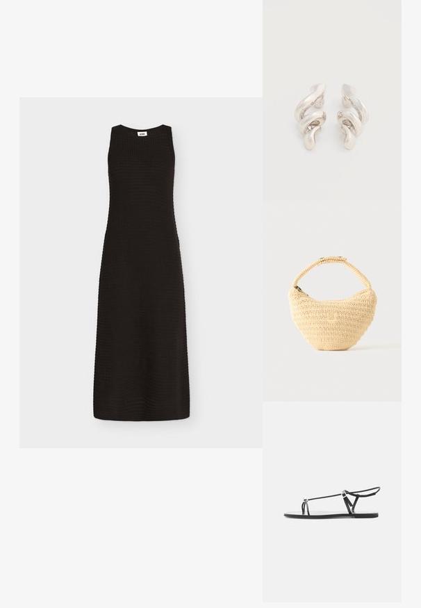 Robe midi noire sans manches en maille avec encolure ronde et silhouette ajustée sur fond uni.; Sandale plate noire avec fines lanières, une boucle pour les orteils et une boucle de cheville ajustable sur un fond gris clair.; Sac à main beige tissé avec corps arrondi, fermeture éclair et une sangle courte et épaisse dans un style crochet simple et texturé.; Boucles d'oreilles clips en métal argenté torsadé avec une finition lisse et brillante, présentant un design moderne et abstrait en spirale.