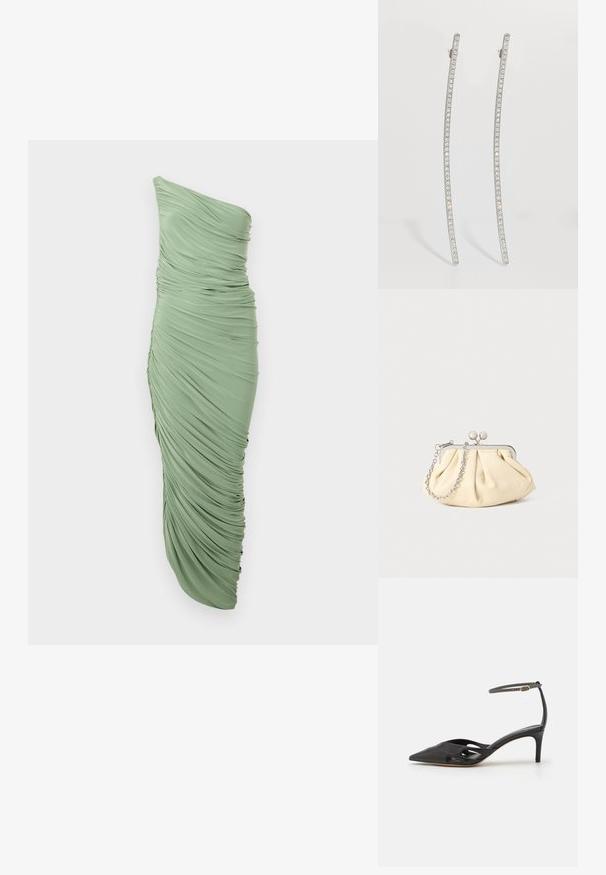 Myntegrøn, en-skulder kjole med ruchering, tætsiddende design og asymmetrisk kant. Glat, strækbart stof.; Sort læder højhælet sko med spids tå, åbne sider og en tynd ankelrem med en lille guld detalje.; Plisseret beige læderclutch med en sølvmetalramme, der har to runde dekorative låse og en sølvkædetrasporte.; Sølvfarvede, aflange øreringe med buet design, der har en række klare krystaller langs de ydre kanter for ekstra glans.