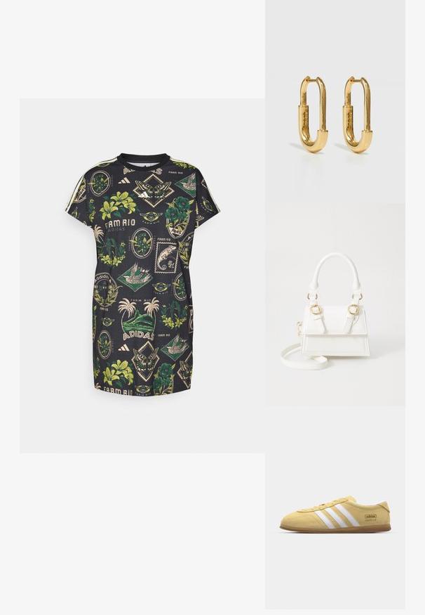 adidas Sportswear FARM DRESS - Trikotaažkleit - black/amazon green/preloved lime; adidas Originals GAZELLE LO PRO W - Tossud - almost yellow/footwear white; Valge kunstnahast käekott, millel on struktureeritud disain, kuldsed detailid, kahekordne ülemine käepide ja reguleeritav õlalihas.; Kullatud metallist rõngas Kõrvarõngad pikliku ovaalse kujuga, millel on sile, poleeritud pind ja väike hing, mis võimaldab kinnitamist.