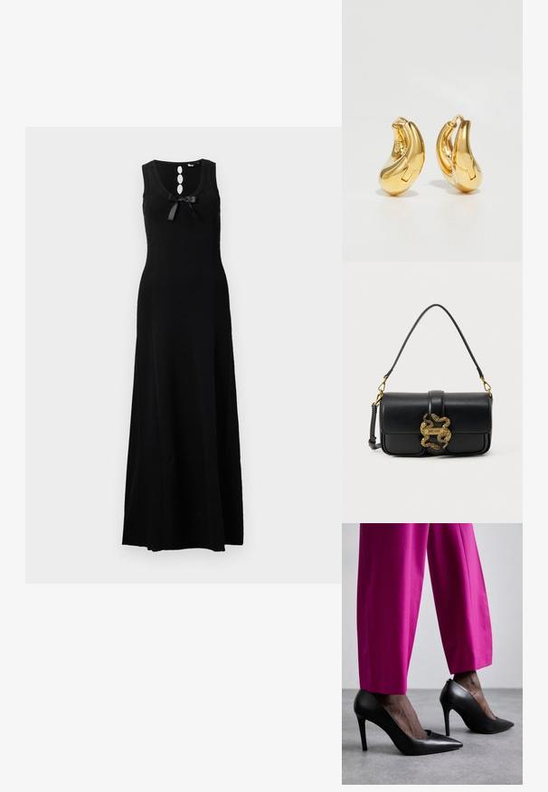 Vestido maxi sin mangas de color negro con escote redondeado, tres botones decorativos y un lazo en la parte delantera. Material de punto suave.; Zapatos de tacón alto negros con un diseño de punta afilada y textura de cuero suave. Combinados con pantalones ajustados de un brillante color rosa.; Bolso de hombro de cuero negro con cierre doble de serpiente dorado y placa con el logo "Just Cavalli" en la solapa frontal.; Pendientes de aro de oro con forma curva y suave, y acabado pulido. Presentan un mecanismo de cierre y ligeras indentaciones para un toque de detalle.
