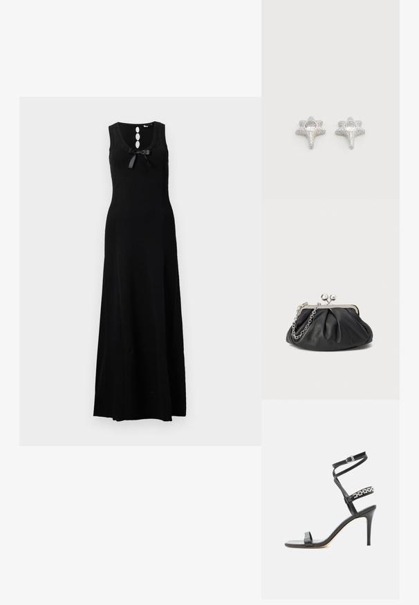 Vestido maxi sin mangas de color negro con escote redondeado, tres botones decorativos y un lazo en la parte delantera. Material de punto suave.; Sandalia negra de tacón alto con tira delgada en el tobillo, tira en la parte media del pie decorada con eslabones de cadena plateados y diseño de punta abierta.; Clutch de cuero negro con textura arrugada, marco de metal en tono plateado, cierre de beso y cadena para colgar. Superficie suave y lisa.; Pendientes plateados en forma de estrella con superficie texturizada, que presentan una piedra preciosa redonda y transparente en el centro. El acabado brillante realza el atractivo visual.