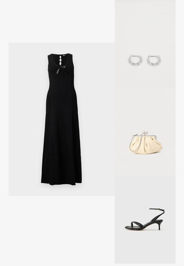 Vestido maxi sin mangas de color negro con escote redondeado, tres botones decorativos y un lazo en la parte delantera. Material de punto suave.; Sandalia negra de cuero para mujer con tiras finas, un lazo para el dedo del pie, hebilla en el tobillo y tacón de aguja de altura media sobre un fondo neutro.; Clutch de cuero beige plisado con un marco de metal plateado, que cuenta con dos broches decorativos redondos y una correa de cadena plateada.; Pendientes de aro de plata con acentos de perlas y cristales, con una superficie texturizada y un cierre de poste seguro.