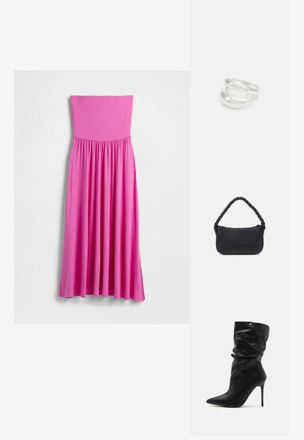 Vestido largo rosa sin tirantes hecho de tela ligera. Presenta un corpiño ajustado y una falda fluida con cintura fruncida.; Even&Odd Wide Fit by Zalando Botines de tacón - black; Bolso negro de forma redondeada, hecho de material liso. Presenta un asa trenzada y un cierre de cremallera para un almacenamiento seguro.; Anillo de plata de doble banda con una superficie lisa y pulida. Presenta un diseño fluido y curvado con secciones superpuestas para un aspecto moderno.