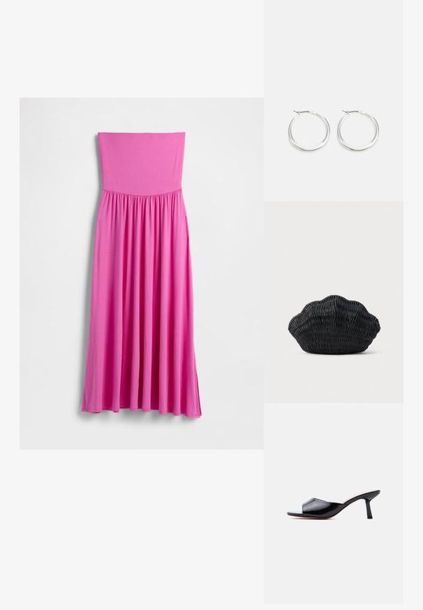 Vestido largo rosa sin tirantes hecho de tela ligera. Presenta un corpiño ajustado y una falda fluida con cintura fruncida.; Mula de charol negro con punta abierta, tacón bajo y delgado, y diseño deslizable sobre un fondo gris claro.; Bolso de mimbre negro con forma de concha de vieira con parte superior curva y textura tejida sobre un fondo liso.; Los pendientes de aro de plata presentan un diseño suave y redondeado con un perfil delgado y un cierre seguro. Estilo minimalista con un acabado pulido.
