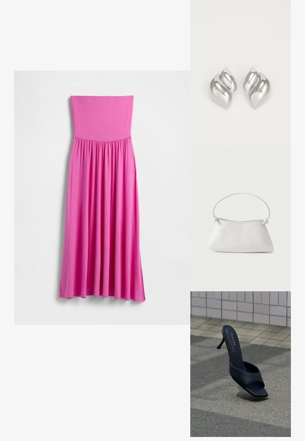 Vestido largo rosa sin tirantes hecho de tela ligera. Presenta un corpiño ajustado y una falda fluida con cintura fruncida.; Zapato mule negro de tacón alto con puntera abierta y marca "RAID" en la plantilla, colocado sobre pavimento gris cerca de una pared alicatada.; Bolso de mano de cuero blanco tejido con asa redondeada y extremos de la correa anudados, exhibido sobre un fondo liso.; Pendientes de plata con una forma orgánica y abstracta. Superficie lisa y brillante con un diseño cónico. Presentan suaves curvas y un detalle de línea central.