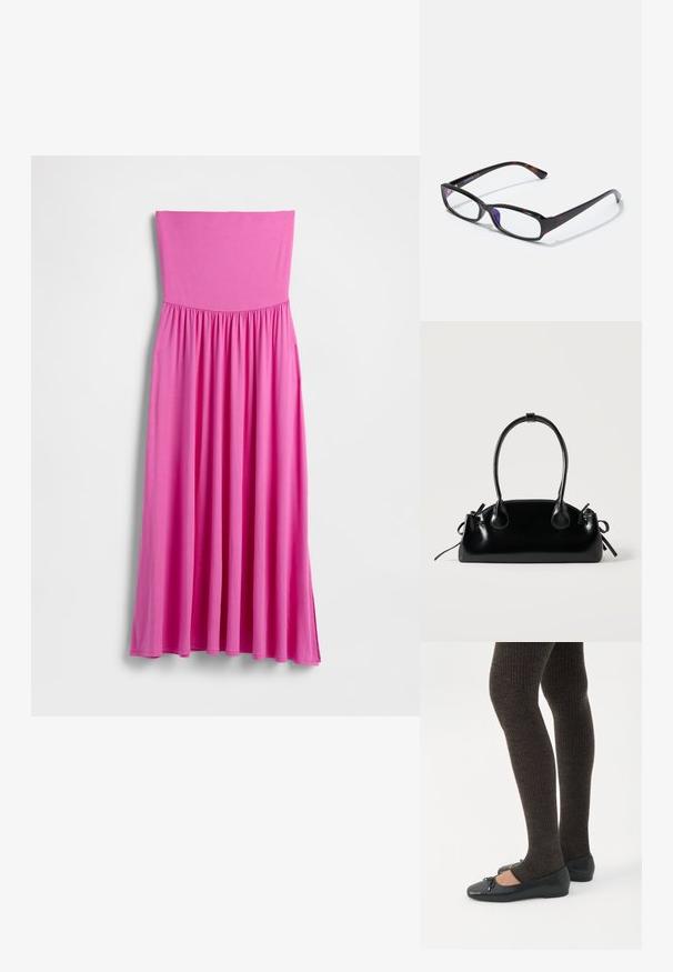 Lange roze strapless jurk gemaakt van lichtgewicht stof. Voorzien van een nauwsluitend lijfje en een wijd uitlopende rok met een geplooide taille.; Benen met donkere geribbelde leggings gecombineerd met zwarte ballerina's met kleine strikdetails op een witte achtergrond.; Rechthoekige bril met een schildpadpatroon, zwart kunststof montuur en transparante glazen. Voorzien van dunne pootjes en een lichte buiging aan de uiteinden.; Kleine zwarte glanzende handtas met twee lange hengsels en zijkant trekkoord details op een effen lichte achtergrond.